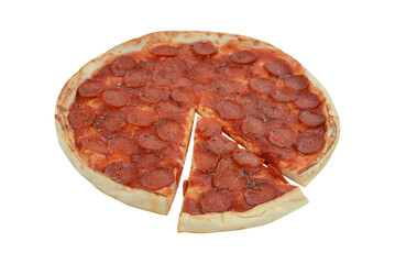 Paperoni pizza on a clean white background with a cut piece
