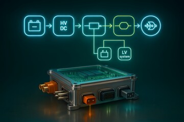 EV Power Electronics Control Unit – Futuristic PECU Tech Demo with Glowing Flow Diagram