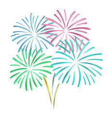 Festive fireworks painted on paper with gold, pink, green paint, isolated on transparent background. Shiny gold sparkle.