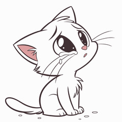 Crying Cat: A simple, yet emotionally charged illustration of a white kitten expressing sadness through tears, capturing a moment of vulnerability and heartache.