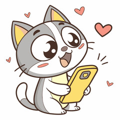 Cute cat holding a mobile phone Cartoon Vector Illustration