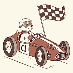 cat riding racer formula one car in retro vintage art style vector illustration