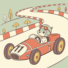 cat riding racer formula one car in retro vintage art style vector illustration