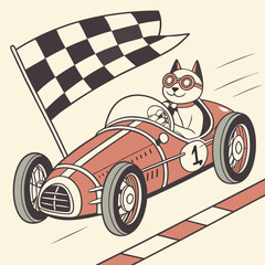 cat riding racer formula one car in retro vintage art style vector illustration