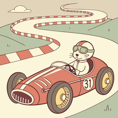cat riding racer formula one car in retro vintage art style vector illustration