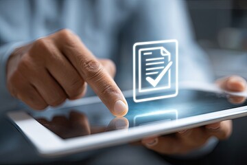 Person using tablet with document icon, digital approval concept.