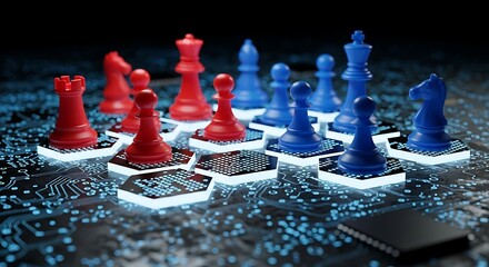 Red and blue chess pieces arranged on a circuit board with glowing bases, symbolizing strategic thinking and competition in technology and business