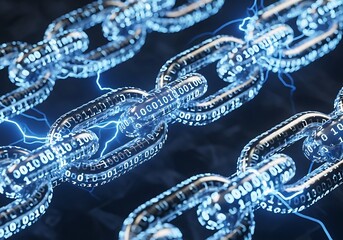 Abstract digital blockchain network with glowing binary code and electric sparks on a dark background