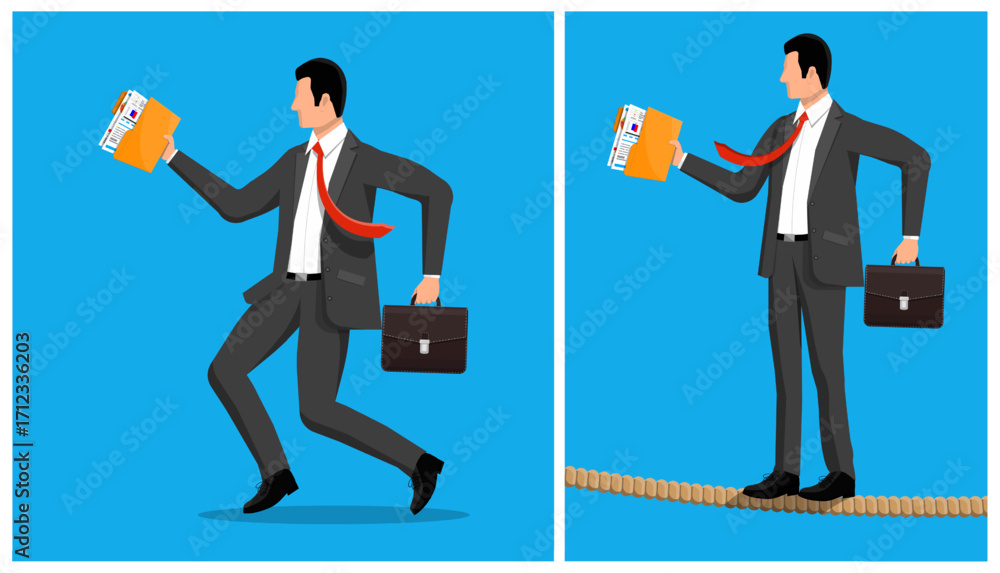 Poster Man running with a folder and man balancing on a tightrope, holding a folder and briefcase. Business risk and challenge concept.
