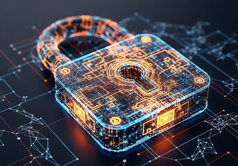 Futuristic digital padlock with circuit board pattern and glowing orange lights, symbolizing security