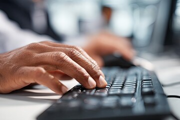 Close-up of a persons hands typing on a black keyboard.