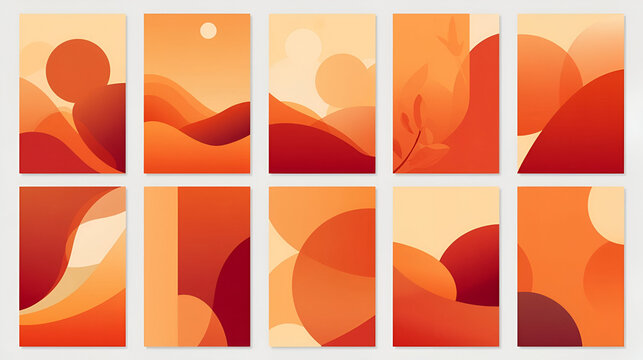 Autumn gradient poster vector set with orange tone geometric shapes for seasonal abstract background design