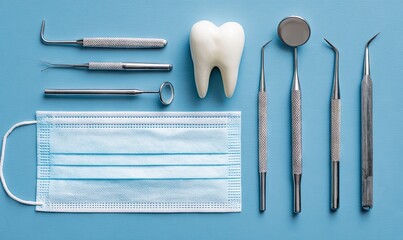 Dental tools and mask arranged on a blue surface for medical procedures.