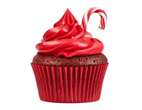 Realistic Christmas Cupcake with Red Frosting and Candy Cane Topper, Front View, isolated on transparent background PNG