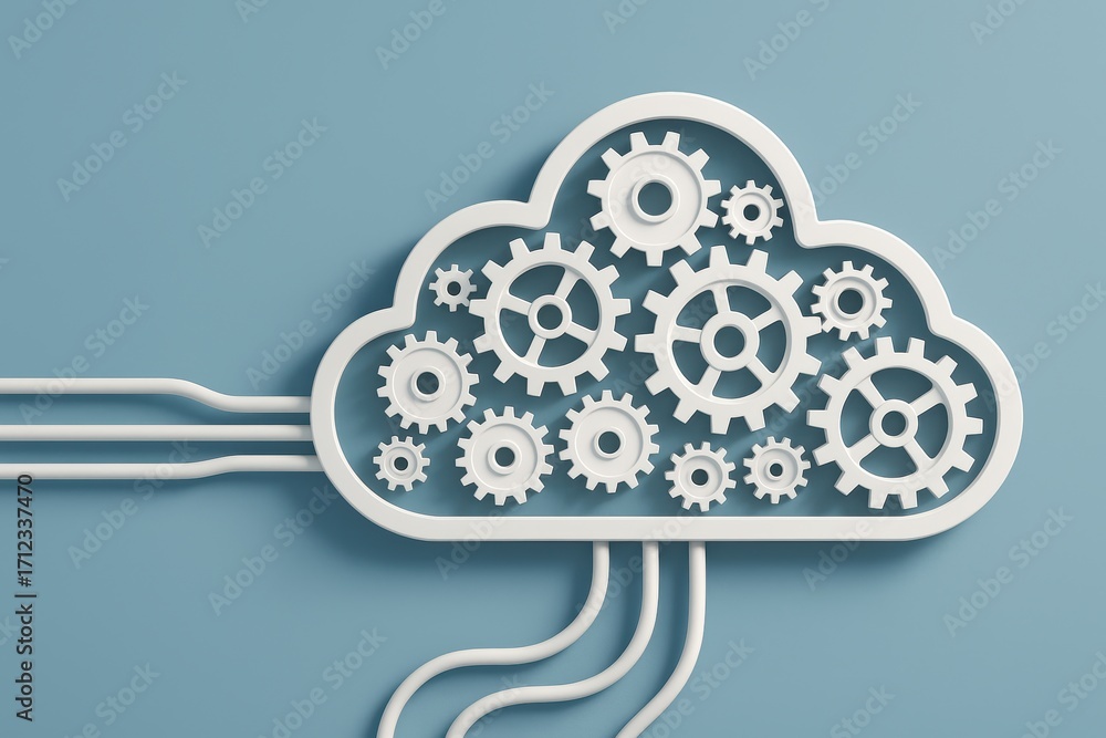 Poster cloud integration: a symbolic illustration featuring a cloud-shaped structure filled with interconne