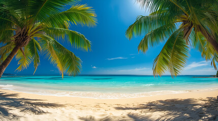 Isolated tropical beach panoramic banner with palm trees and ocean view for exotic travel design background
