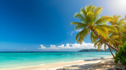 Fototapeta premium Isolated tropical beach panoramic banner with palm trees and ocean view for exotic travel design background