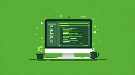 Computer screen displaying code, green background, coding concept, software development.