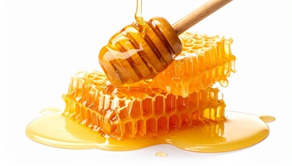 Render two stacked honeycomb pieces with golden honey dripping and a stream pouring onto the top, highlighting hexagonal texture, glossy surface, and viscous flow, isolated on white background.