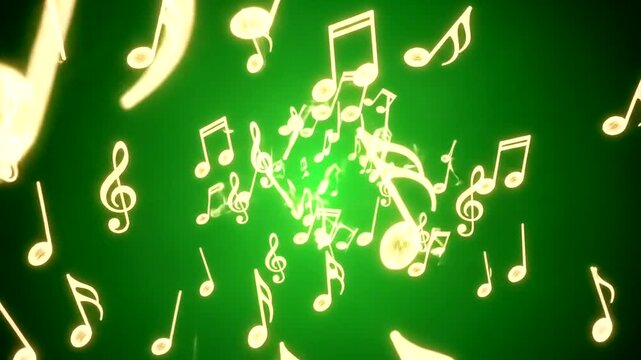 A vibrant display of musical notes against a deep green backdrop.