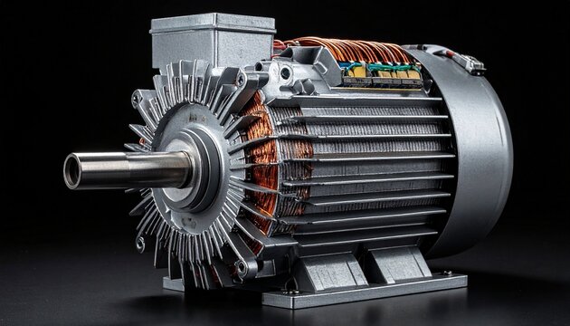 Render an industrial AC induction motor with cutaway casing revealing copper stator windings, rotor shaft, laminated steel core, and cooling fins, mounted on base, isolated on white background, emphas