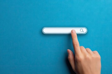Hand interacting with a digital search bar on a blue background.
