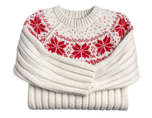 Knitted Cozy Sweater with Nordic Snowflake Pattern, Folded Front View, isolated on transparent background PNG