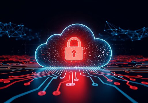 Digital cloud security concept with a glowing red padlock symbol inside a neon outline, on a circuit board background - Powered by Adobe