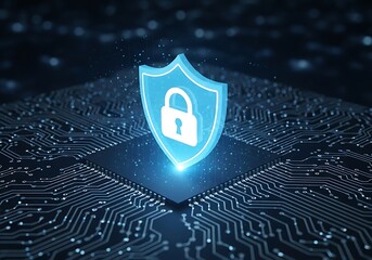 Glowing blue shield with a padlock symbol representing digital security and data protection on a computer chip