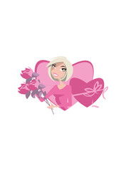 Blonde woman surrounded by pink hearts holding a bouquet of pink roses