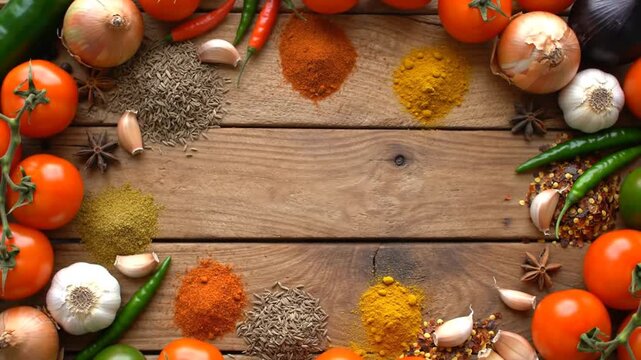 Vibrant spices and fresh produce on rustic wood