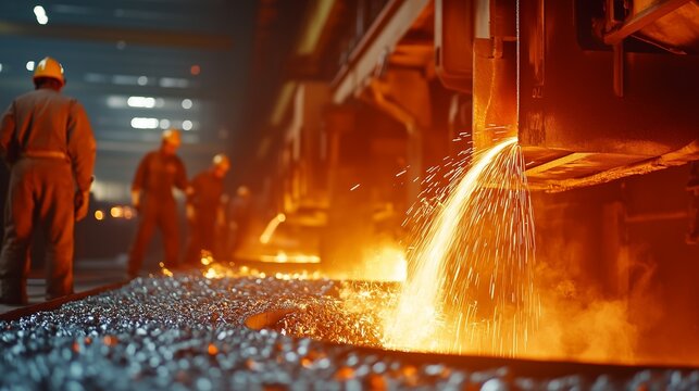 Steel workers in factory with molten metal. Video of a worker melting a realistic metallurgical furnace. Steel industry with a shallow depth of field. Metalworkers in lifestyle a factory handling. - Powered by Adobe