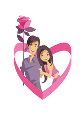 Young couple in love drawn in a heart holding a beautiful pink rose