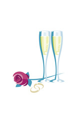 Two glasses of champagne flanked by a rose and two engagement rings