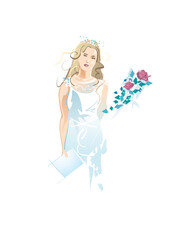 Beautiful bride carries a bouquet of red roses