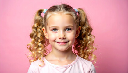8 year old girl with curly blonde hair tied in pigtails, gentle smile, half-body portrait. Cute kid.