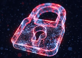 Abstract digital padlock made of glowing particles and lines on a dark background, representing cybersecurity and data protection