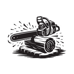 Black silhouette of a chainsaw cutting a log, with radiating lines, isolated on white background technology background
