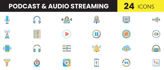 Podcast & Audio Streaming Color Icon Set | Music, Radio & Media Symbols