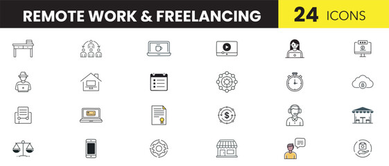 Remote Work & Freelancing Line Art Icon Set | Minimal Outline Work From Home & Digital Nomad Symbols