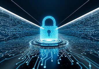 Digital padlock icon glowing on a futuristic circuit board background representing cybersecurity and data protection