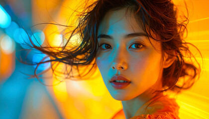 Fototapeta premium Creative Portrait with Motion Blur — Neon Orange & Blue Light Trails (use: music, fashion, creativity)