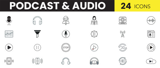 Podcast & Audio Streaming Line Art Icon Set | Minimal Outline Media, Radio & Music Symbols