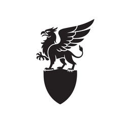 Black silhouette of a griffin standing on a shield, isolated on white background technology background