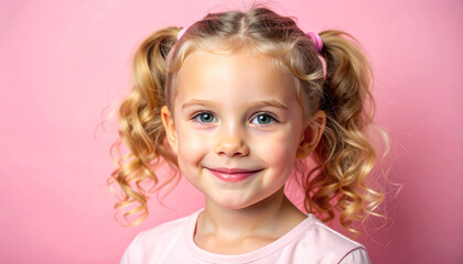 8 year old girl with curly blonde hair tied in pigtails, gentle smile, half-body portrait. Cute kid.