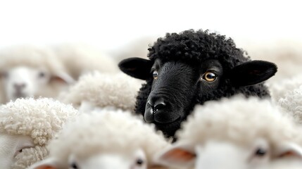 Naklejka premium Black sheep with distinctive curly wool standing out among white sheep flock, close-up portrait showing unique character and golden eye against soft blurred background.