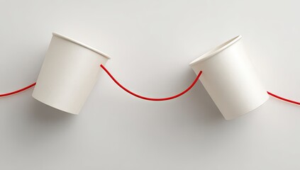 String phone made of paper cups and red string on white background.