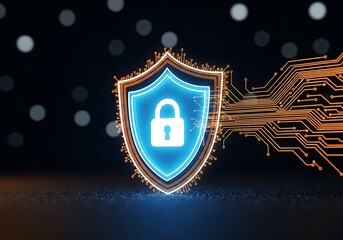 Digital shield with a padlock icon and glowing circuit board pattern on a dark background, representing cybersecurity and data protection