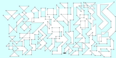 An Intricate Dance of Geometric Shapes and Connected Nodes, Unveiling Hidden Paths and Architectural Abstractions in a Sky-Blue Expanse  Pattern with Connecting Lines and Shapes on a Blue Background.