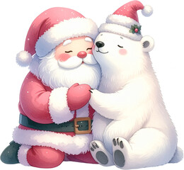 Cute Santa Claus Hugging Polar Bear Christmas Illustration
